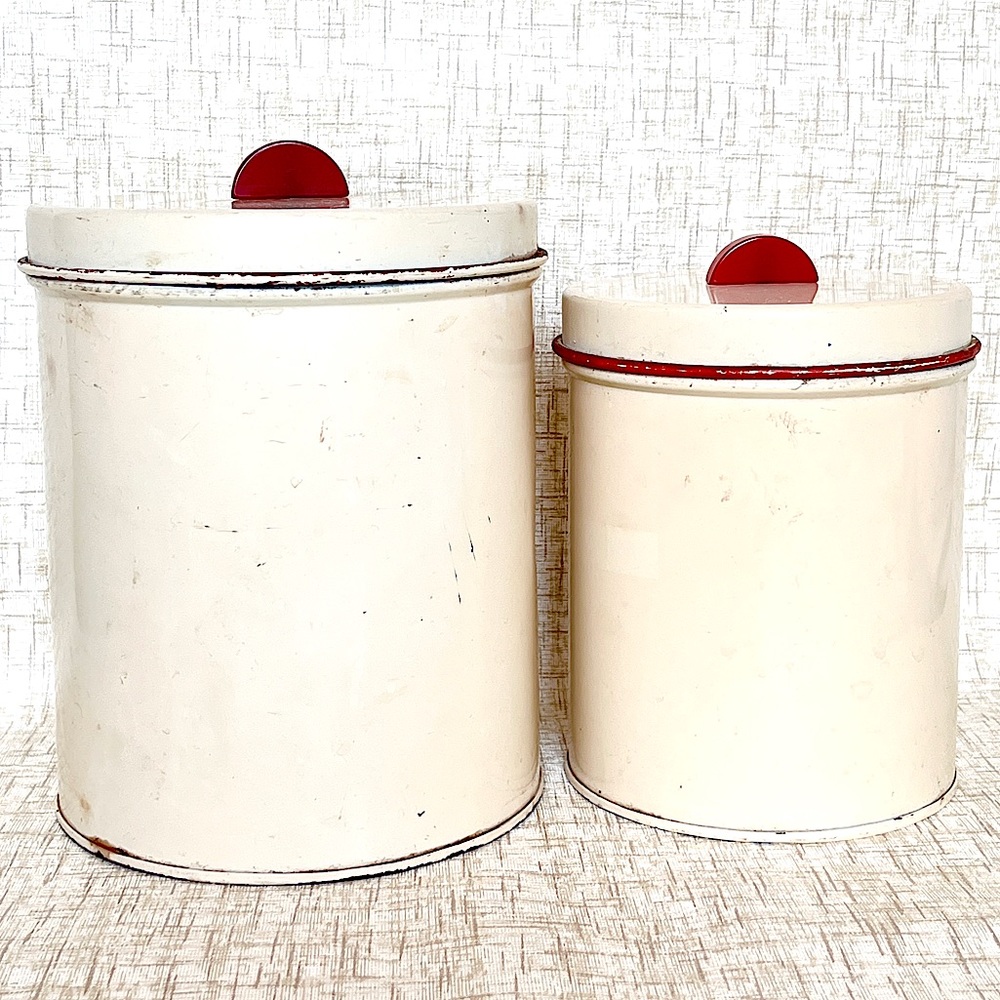 Art Deco Canisters Bakelite Knob Mid Century Kitchen Jars Cream Red 40s 50s
